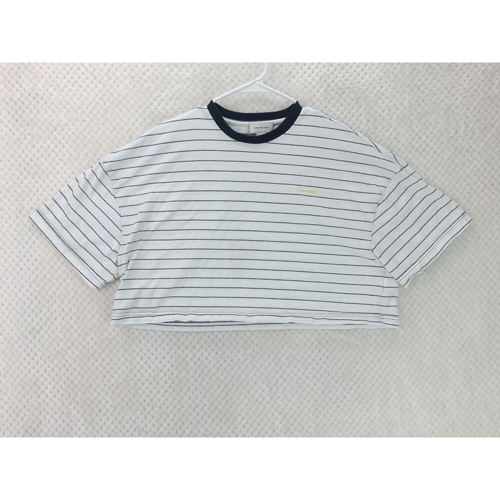 Calvin Klein Stripe Cropped Boxy T-Shirt Women's Large White Black